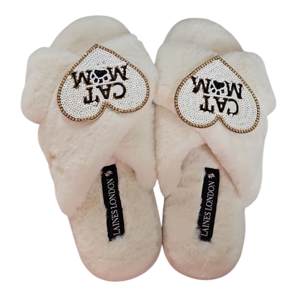 Laines London Cat Mom White Faux Fur Sequin Embellished Slippers Medium (7-8) - Picture 3 of 4